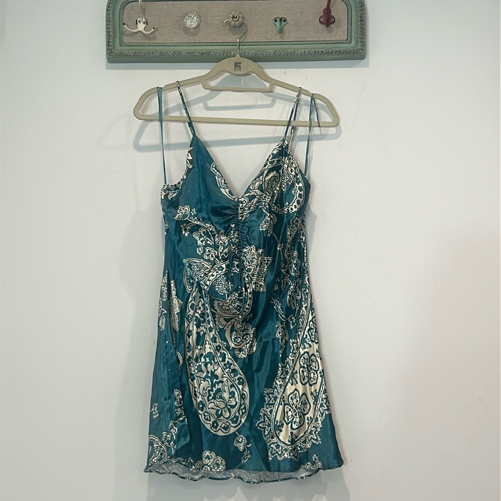 ZARA Satin date night Paisley Mini Teal Slip On Mini Dress large women’s